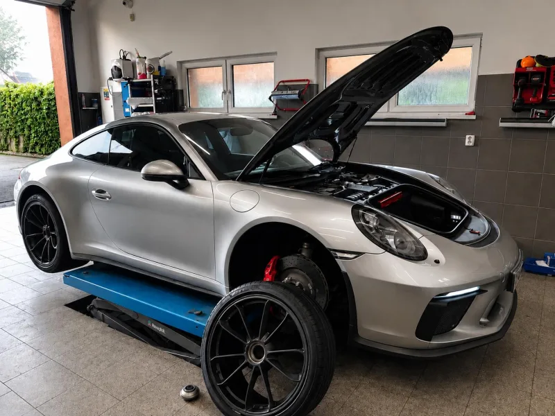 Porsche 911 na zvedáku se sundaným kolem při servisu v autoservisu Brabenec