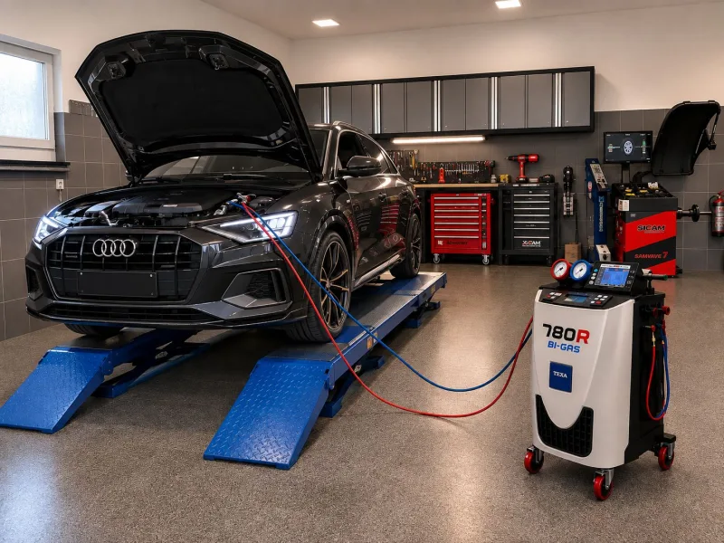 Audi na zvedáku připojené k servisní stanici klimatizací TEXA KONFORT 780R BI-GAS